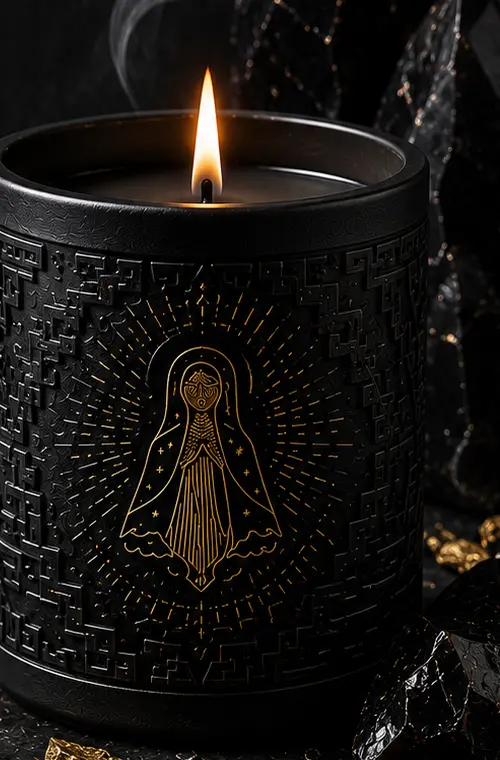Campaign artwork for the Itztli Obsidian ritual candle.